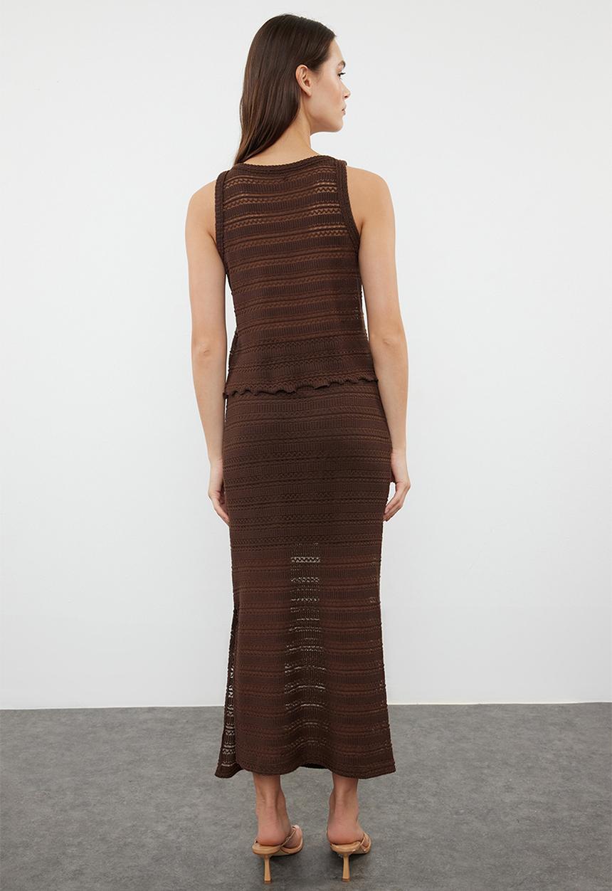 Trendyol - Cotton openwork/perforated skirted knitwear bottom-top set - brown