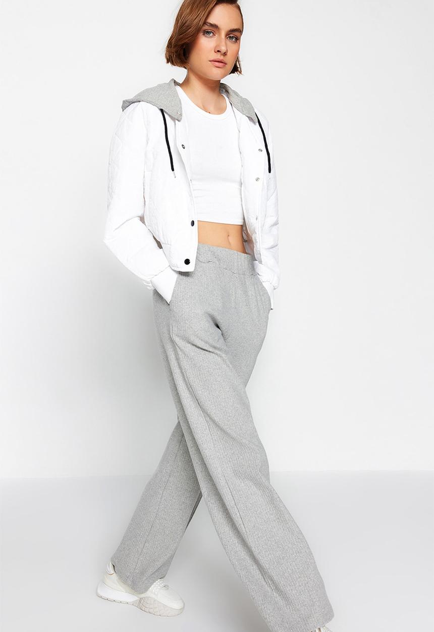 Trendyol - Wide Leg/Relaxed Fit Ribbed Knitted Sweatpants - Gray 