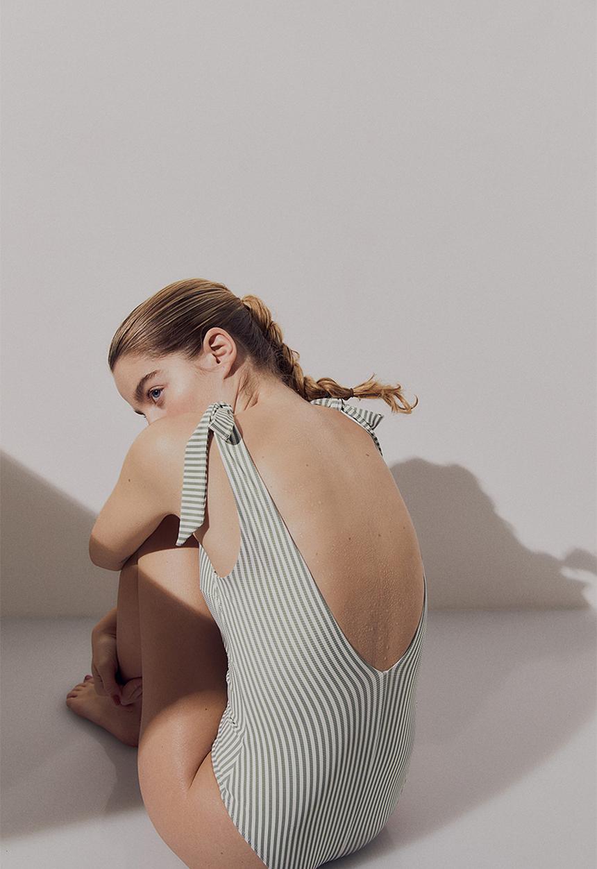 H&M - High leg swimsuit - khaki green striped 