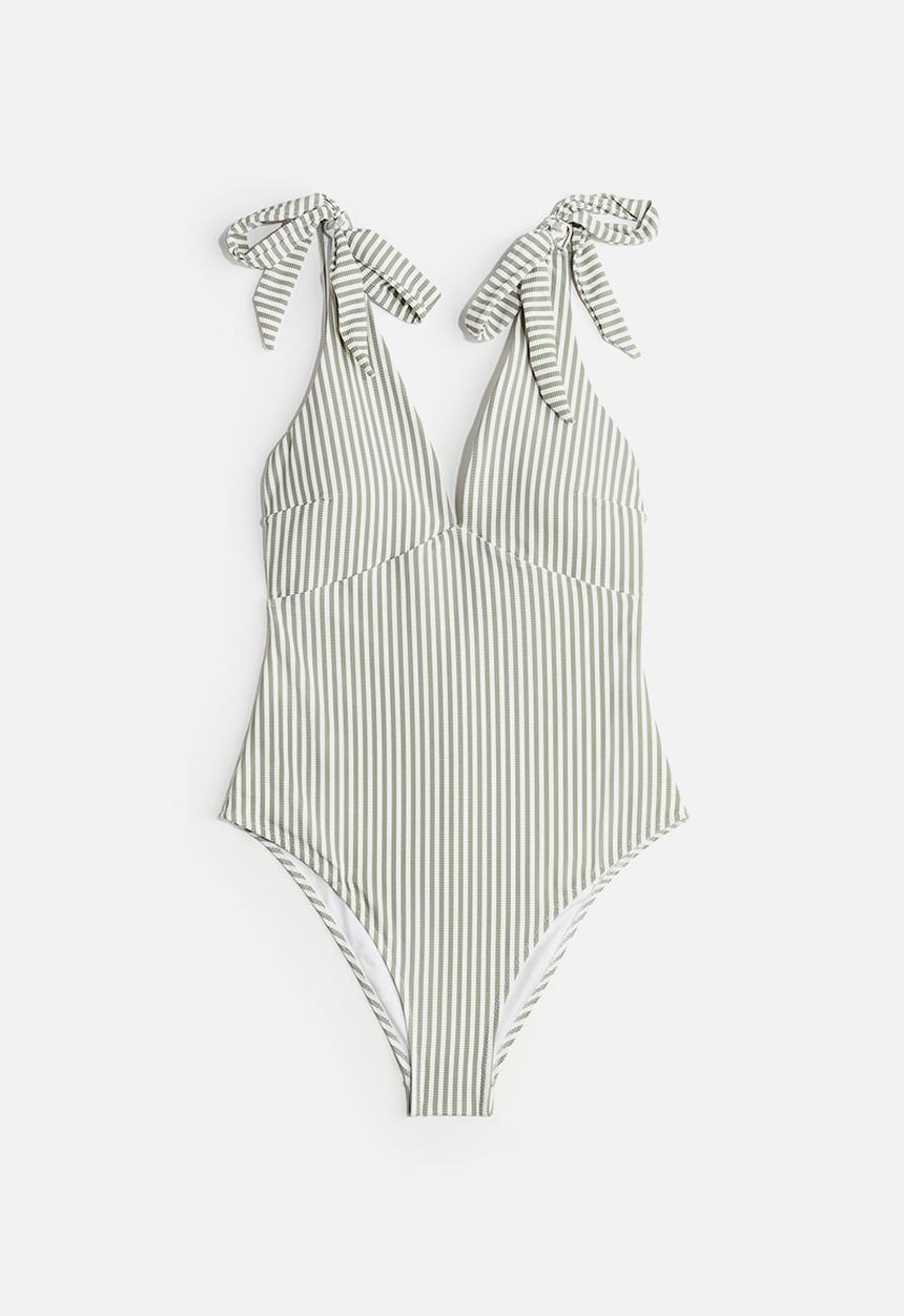 H&M - High leg swimsuit - khaki green striped 