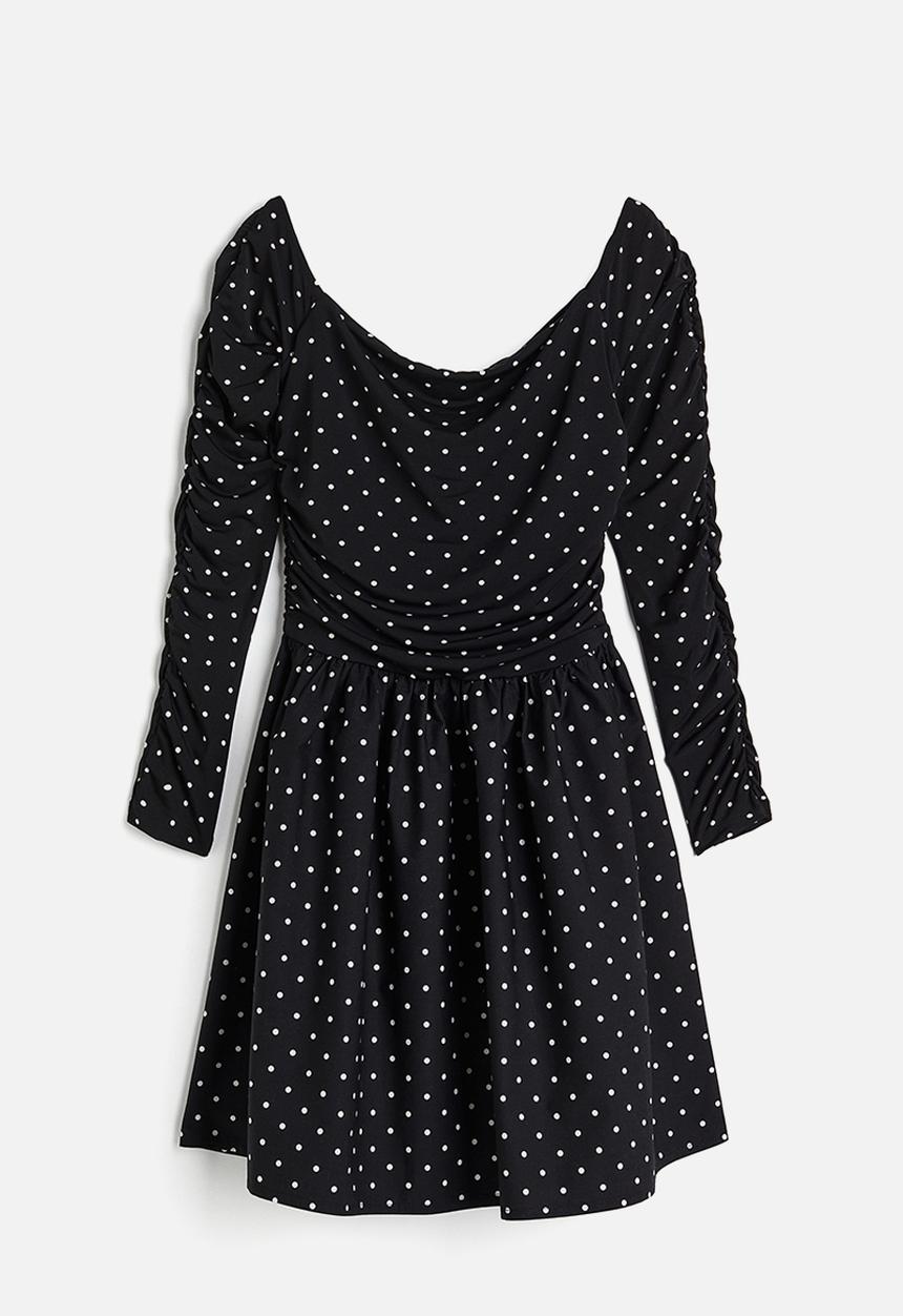 H&M - Gathered off-the-shoulder dress - black spotted
