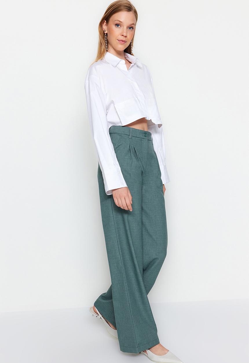 Trendyol - Wide leg pleated woven trousers - dark green