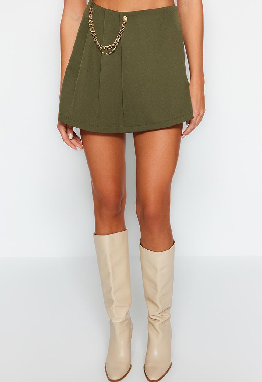 Trendyol - Weave short skirt with chain and pleat detail - dark khaki