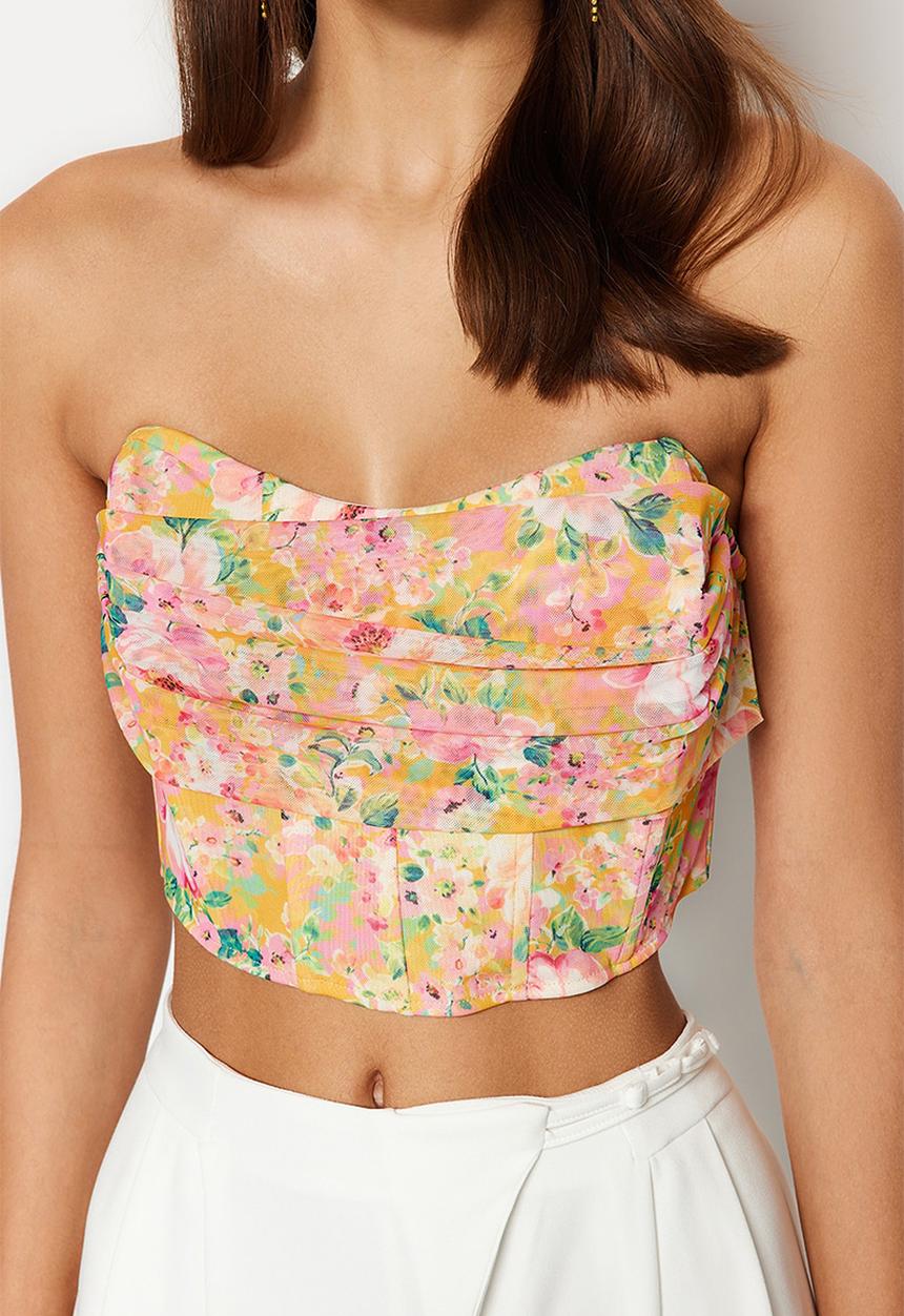 Trendyol - Floral Printed Gradient Knitted Tulle Bustier - Multicolored 