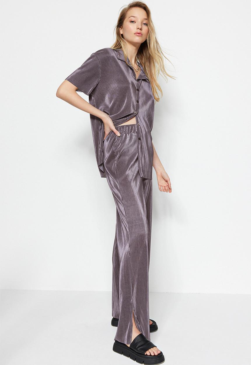 Trendyol - Anthracite Pleated Wide-Cut Shirt and Trousers Knitted Top and Bottom Set