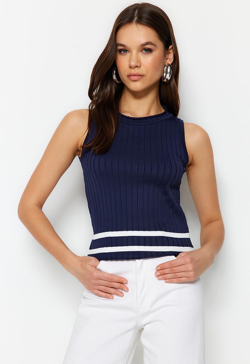 Trendyol - Basic Color Block Knitwear Blouse - Navy Blue 