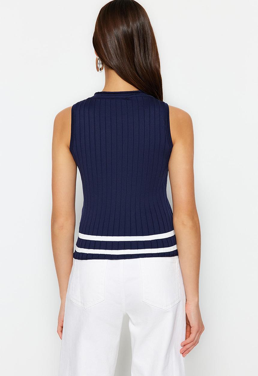 Trendyol - Basic Color Block Knitwear Blouse - Navy Blue 