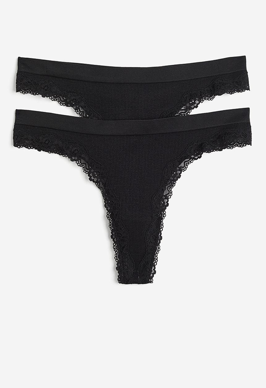 H&M - 2 Pack seamless lace-trimmed thong briefs - black