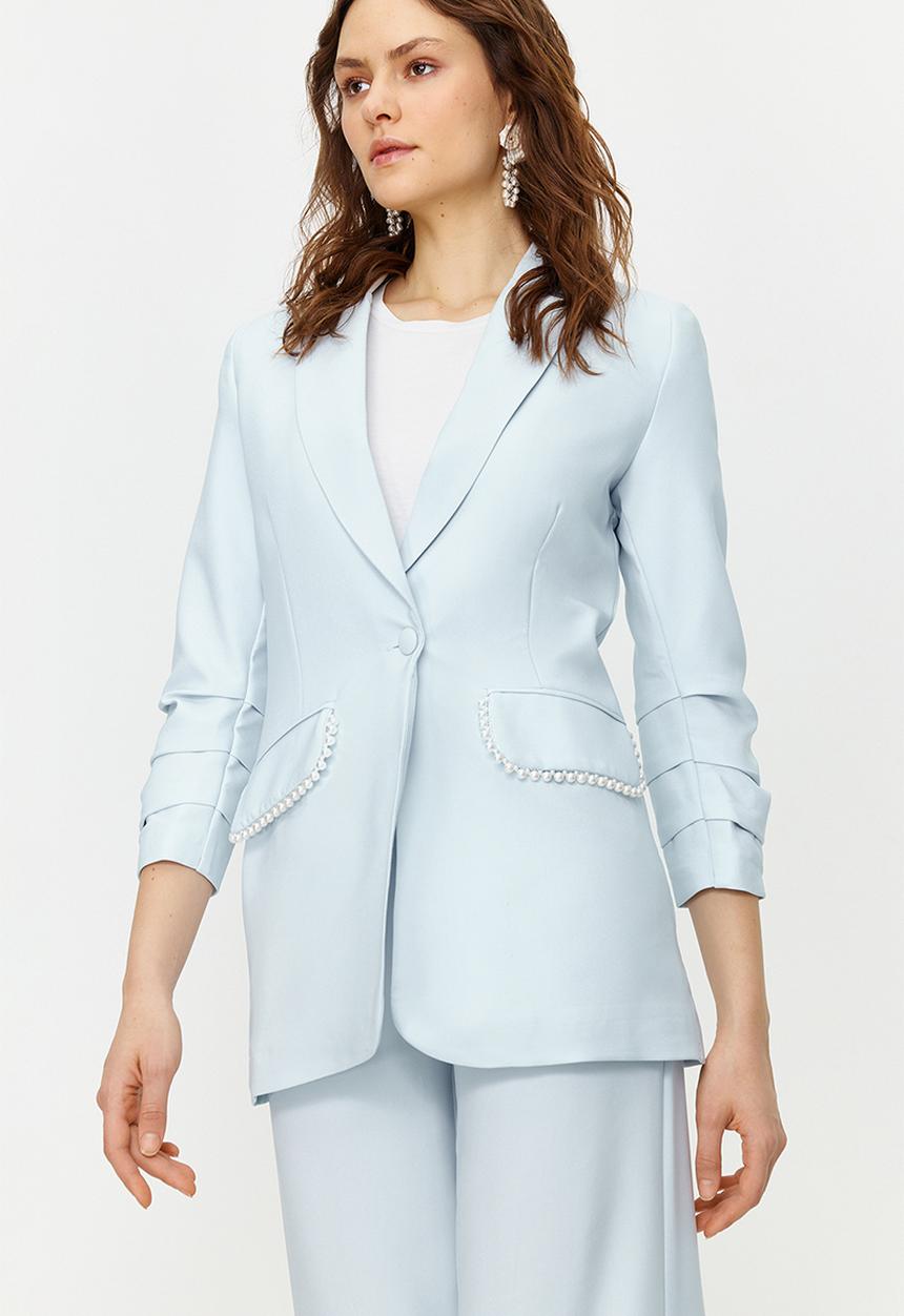 Trendyol - Blue Pearl Detailed Crepe Jacket Trousers Woven Bottom Top Set