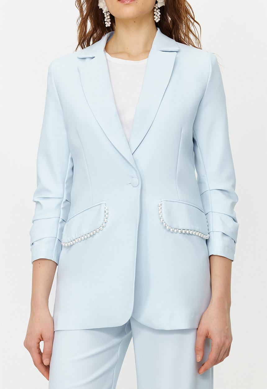Trendyol - Blue Pearl Detailed Crepe Jacket Trousers Woven Bottom Top Set