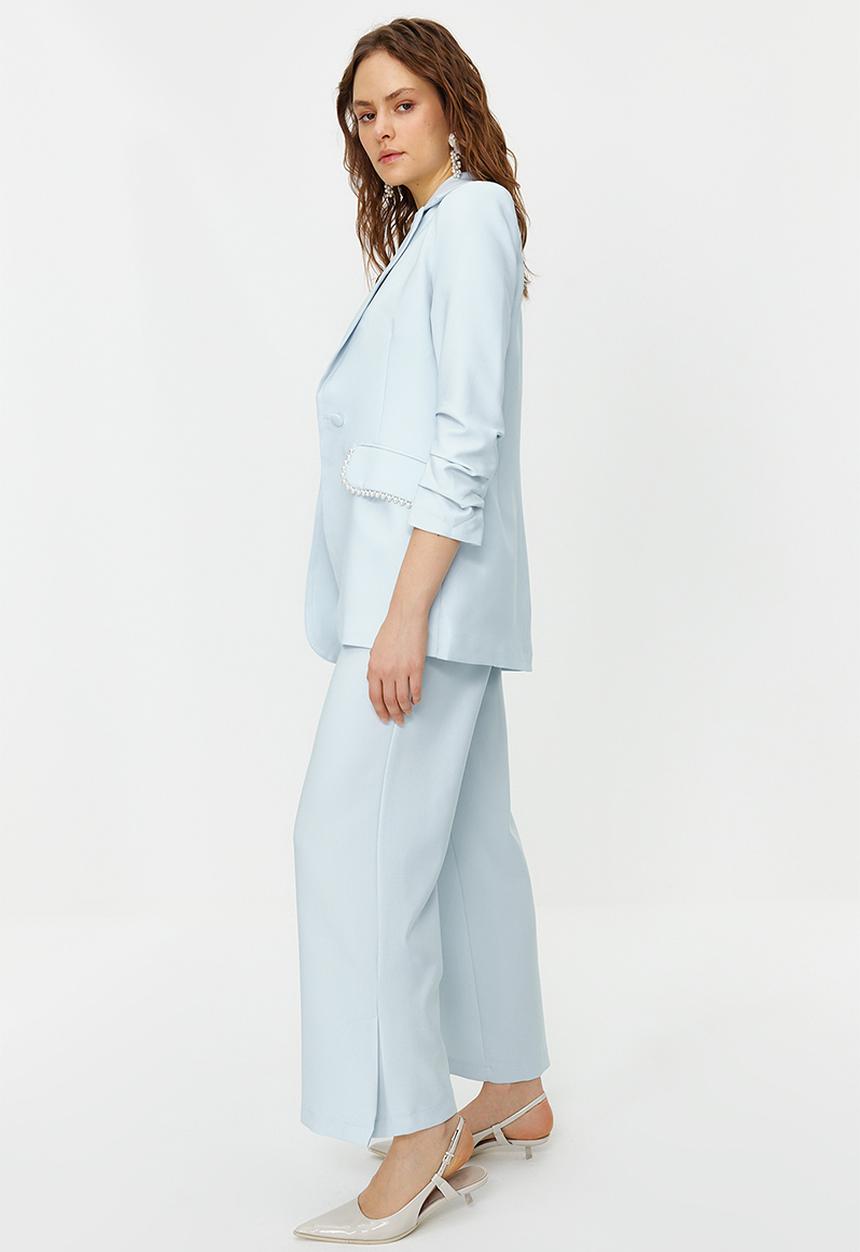 Trendyol - Blue Pearl Detailed Crepe Jacket Trousers Woven Bottom Top Set