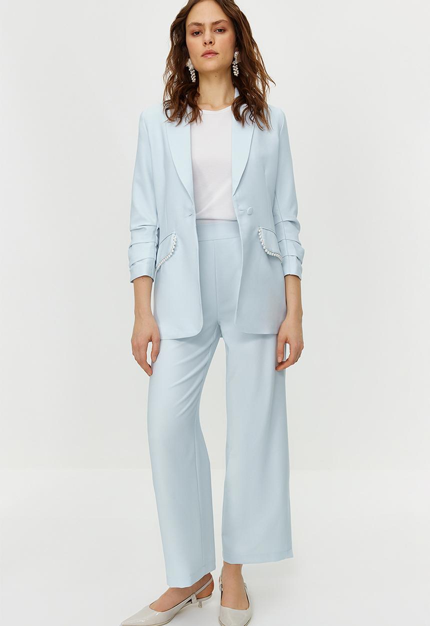 Trendyol - Blue Pearl Detailed Crepe Jacket Trousers Woven Bottom Top Set