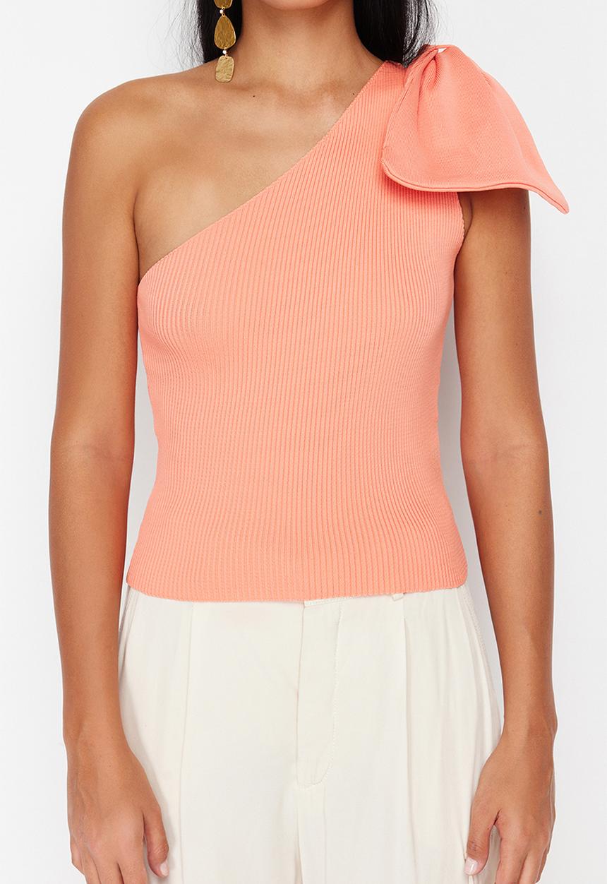 Trendyol - Single Sleeve Bow Detailed Knitwear Blouse - Orange 