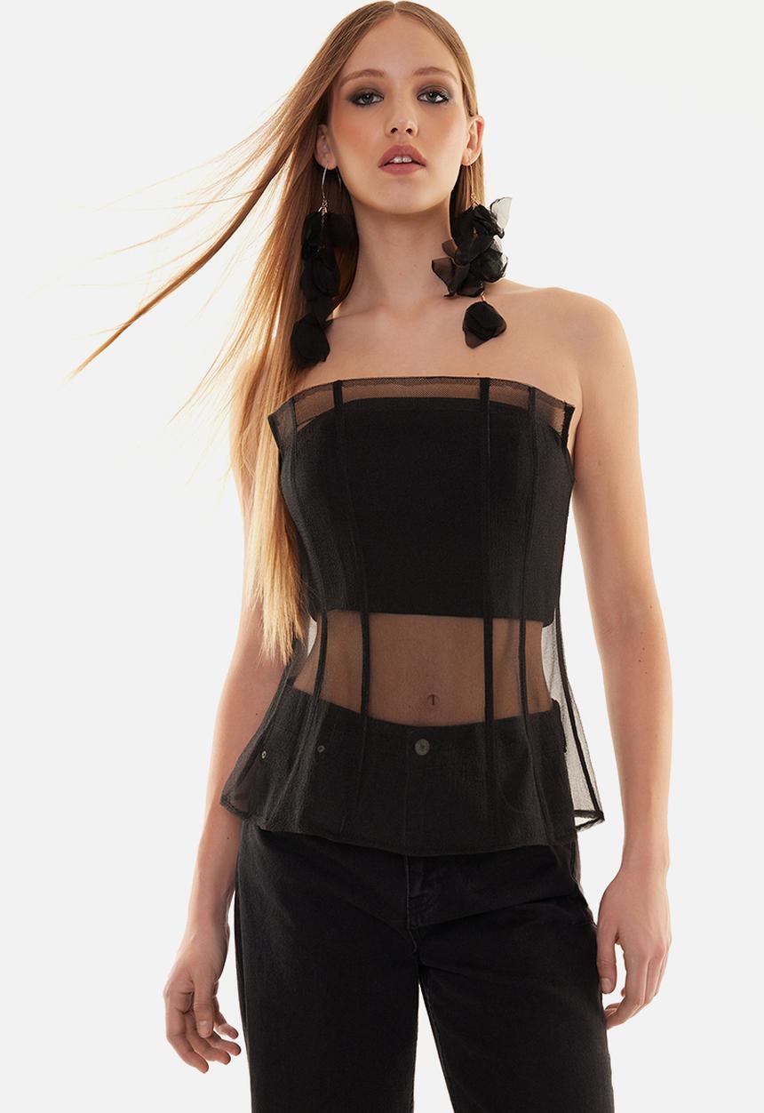Trendyol - Corset Detailed Woven Organza Bustier - Black 