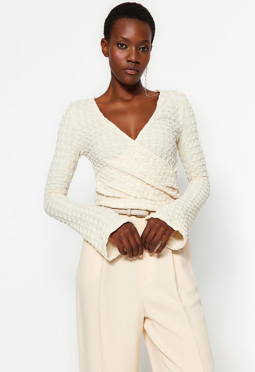 Trendyol - Premium double breasted neck regular/normal fit blouse - beige