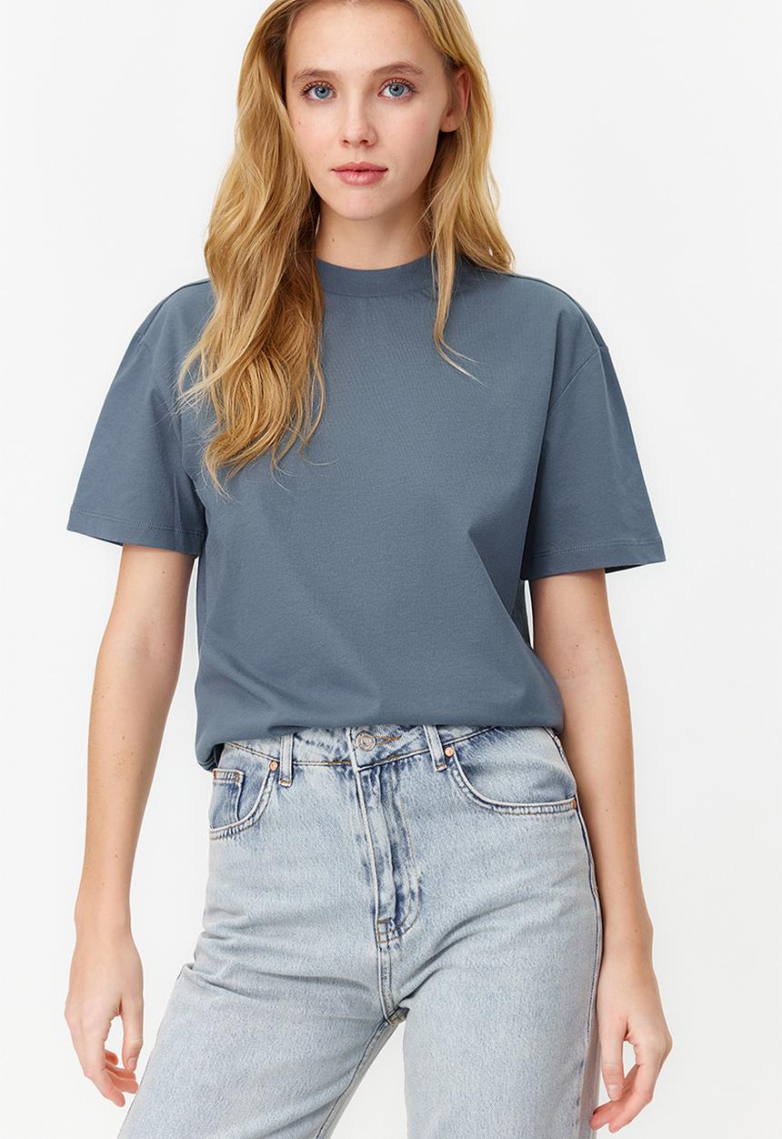 Trendyol - 100% Cotton Basic High Neck Knitted T-Shirt - Dark Gray 