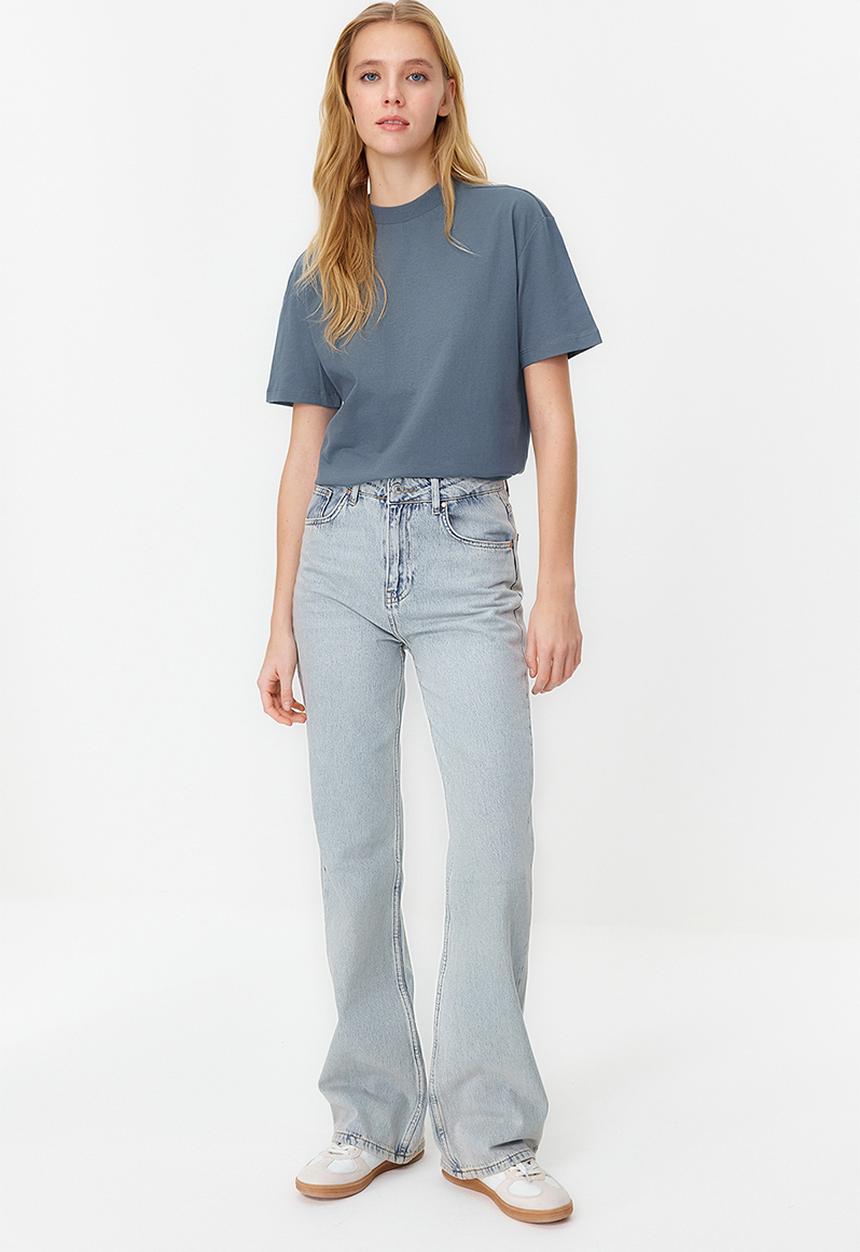 Trendyol - 100% Cotton Basic High Neck Knitted T-Shirt - Dark Gray 