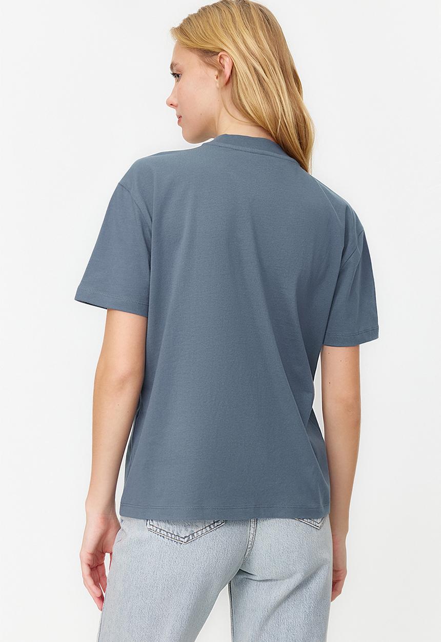 Trendyol - 100% Cotton Basic High Neck Knitted T-Shirt - Dark Gray 