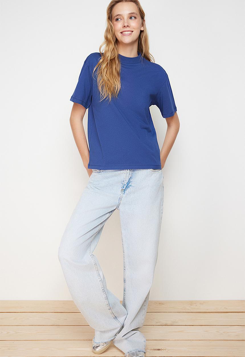 Trendyol - 100% cotton basic high neck knitted t-shirt - indigo 