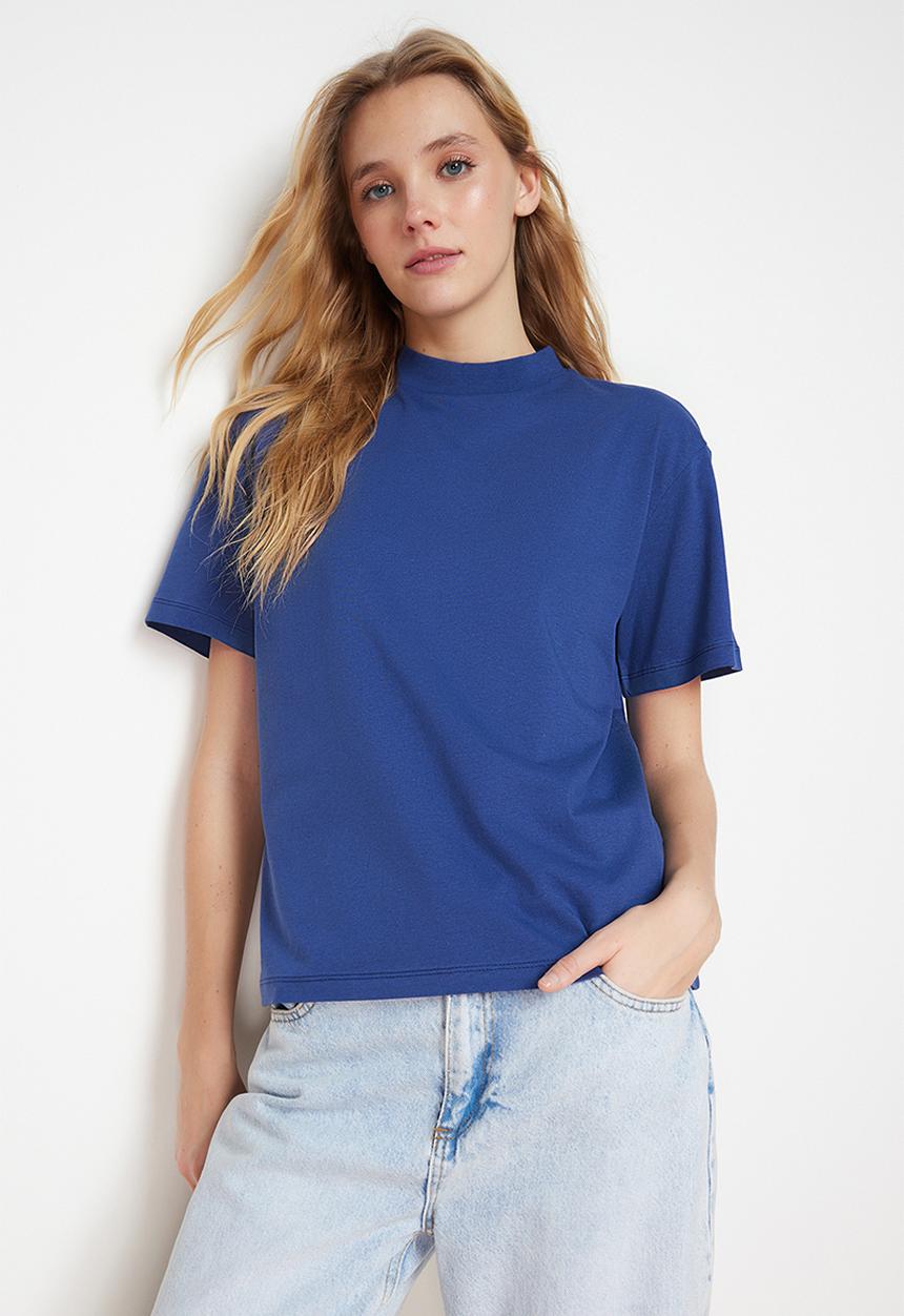 Trendyol - 100% cotton basic high neck knitted t-shirt - indigo 