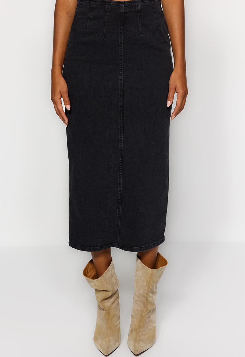 Trendyol - Stitching detail midi pencil denim skirt - black 