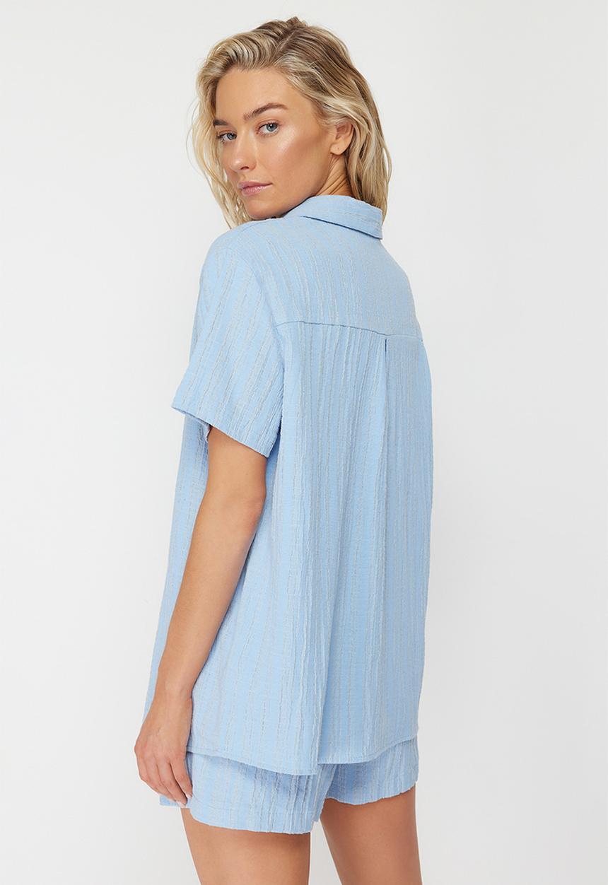 Trendyol - Woven linen blended shirt shorts set - blue