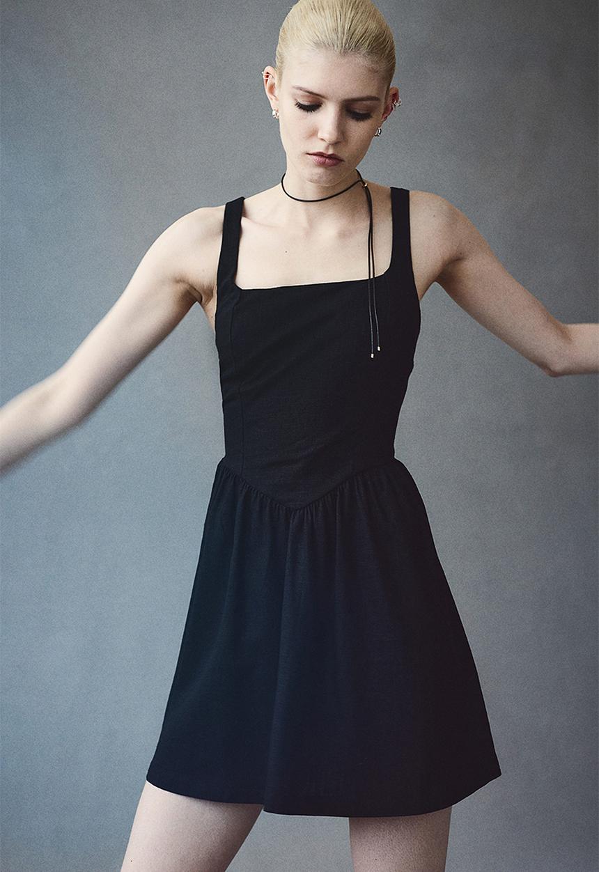 H&M - Linen-blend flared-skirt dress - black