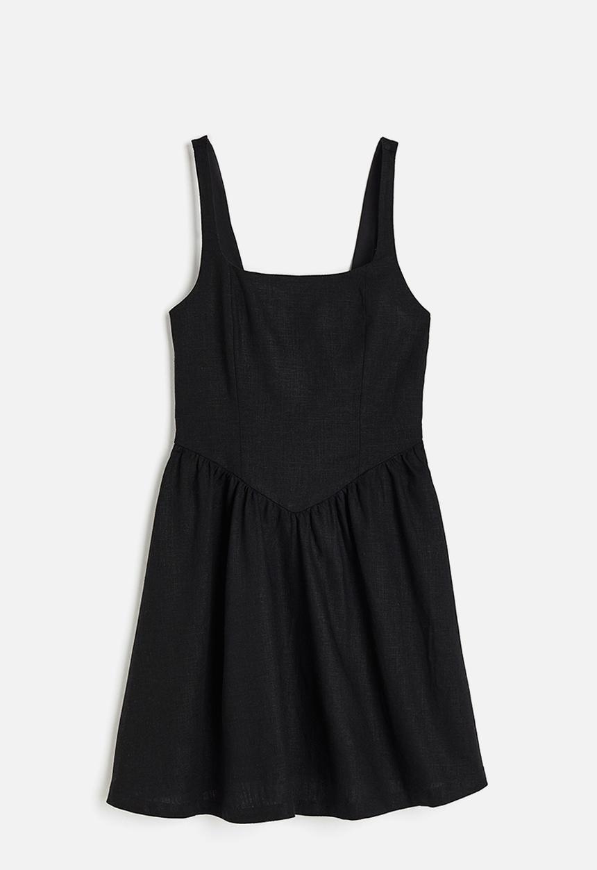 H&M - Linen-blend flared-skirt dress - black