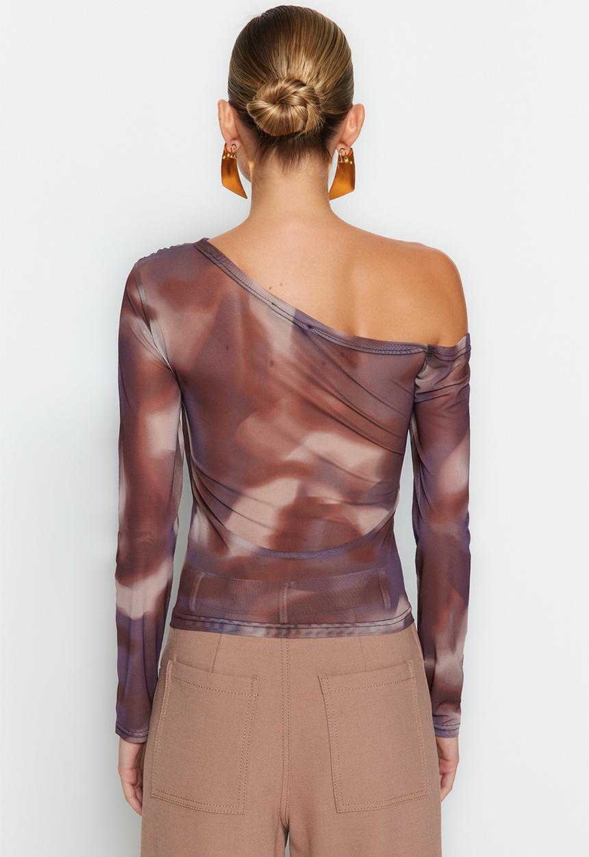 Trendyol - Tulle lined asymmetric collar knitted blouse - brown