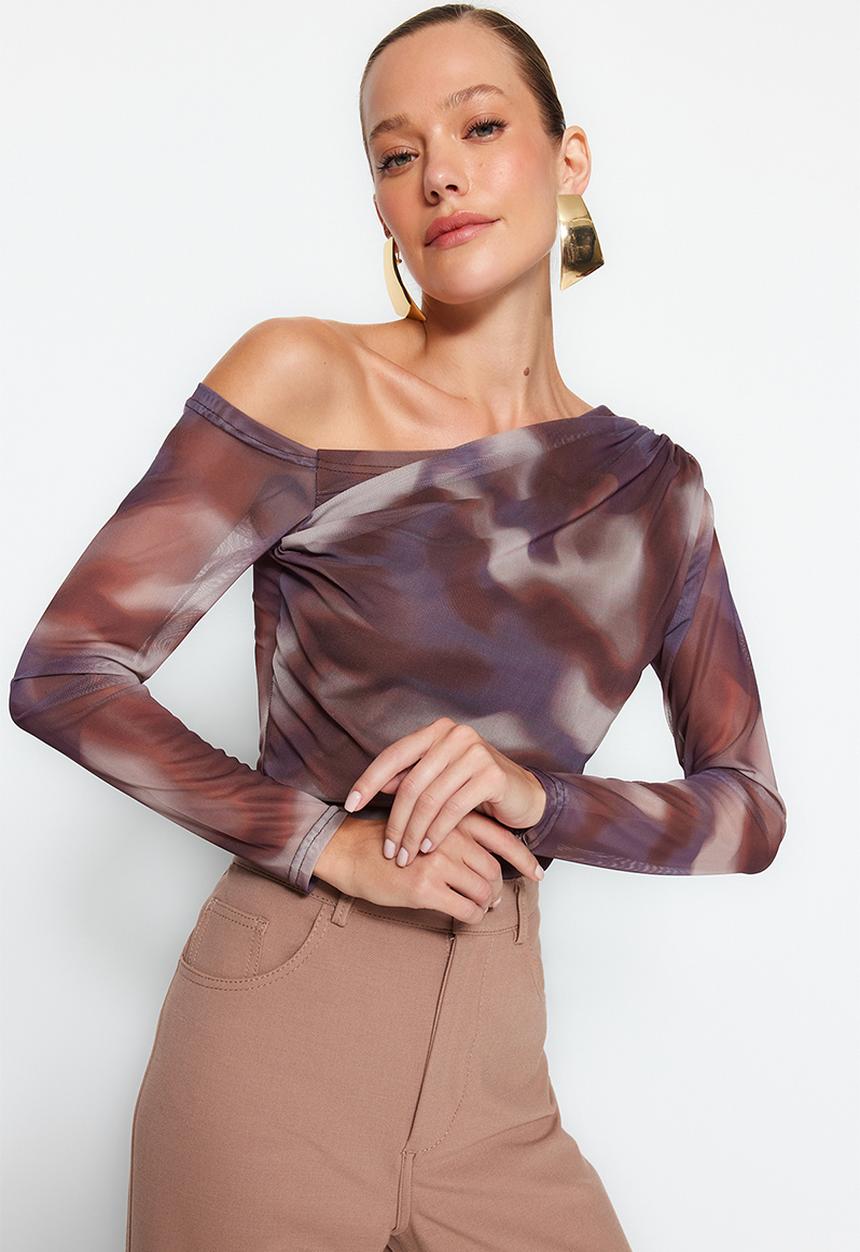 Trendyol - Tulle lined asymmetric collar knitted blouse - brown