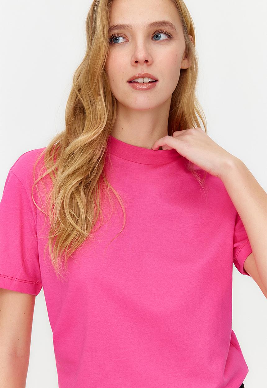 Trendyol - 100% Cotton Basic High Neck Knitted T-Shirt - Dark Pink 