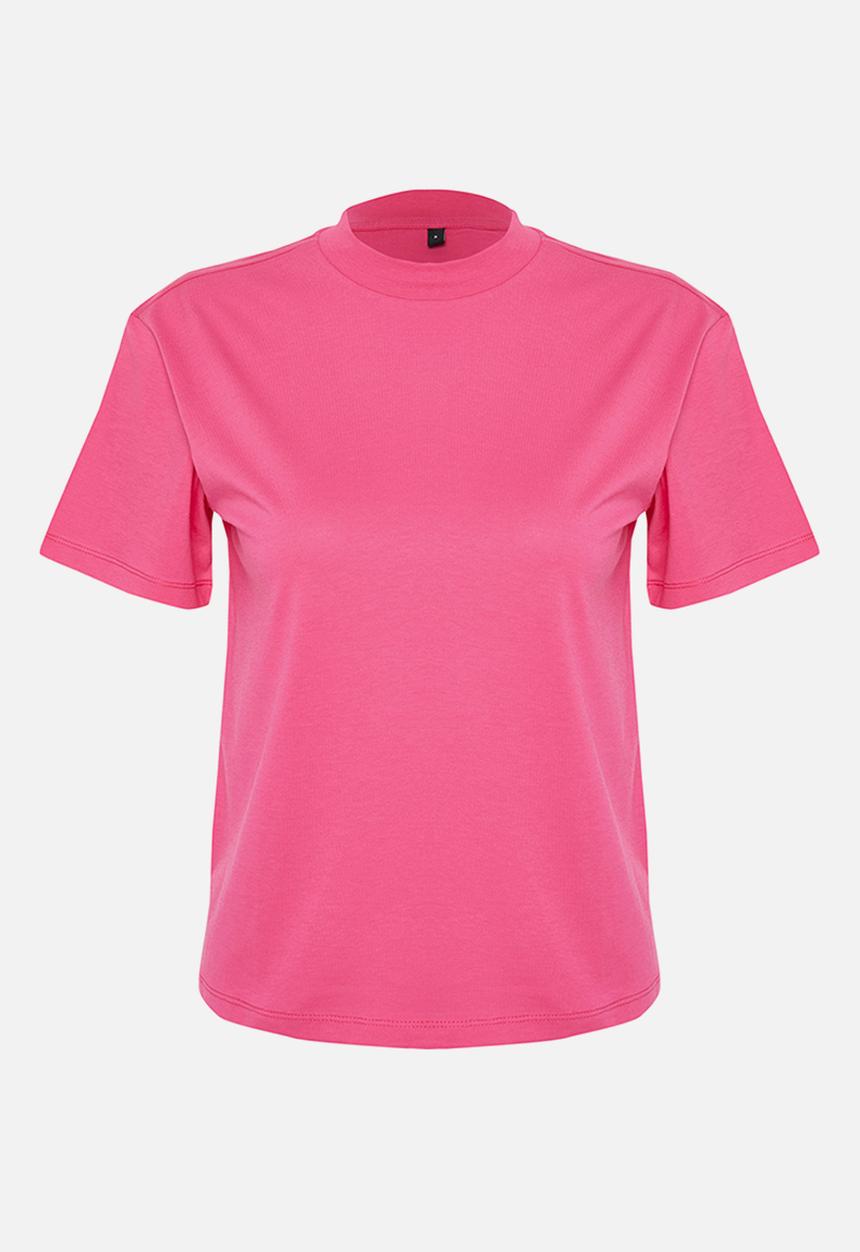 Trendyol - 100% Cotton Basic High Neck Knitted T-Shirt - Dark Pink 