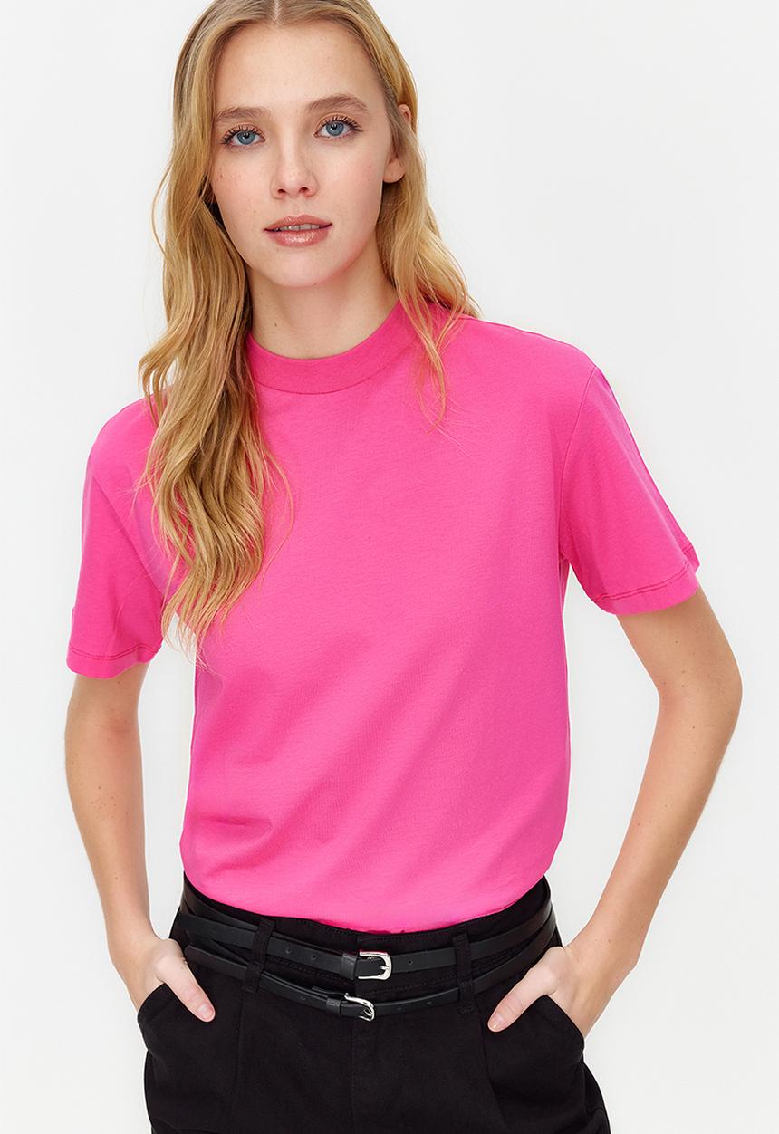 Trendyol - 100% Cotton Basic High Neck Knitted T-Shirt - Dark Pink 
