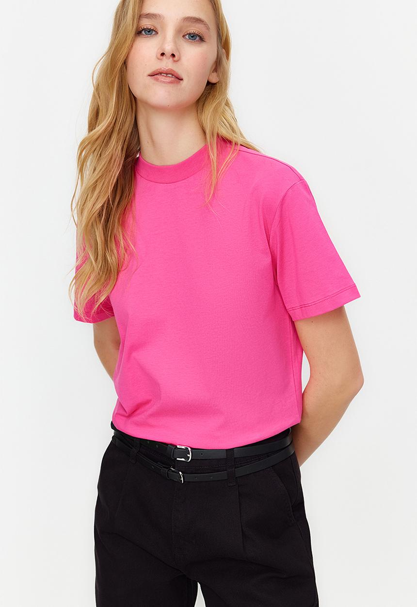 Trendyol - 100% Cotton Basic High Neck Knitted T-Shirt - Dark Pink 