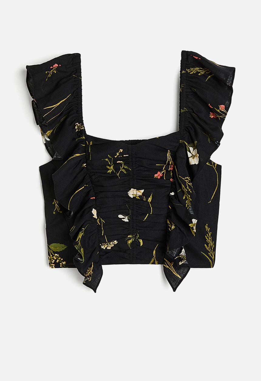 H&M - Linen-blend cropped blouse - black