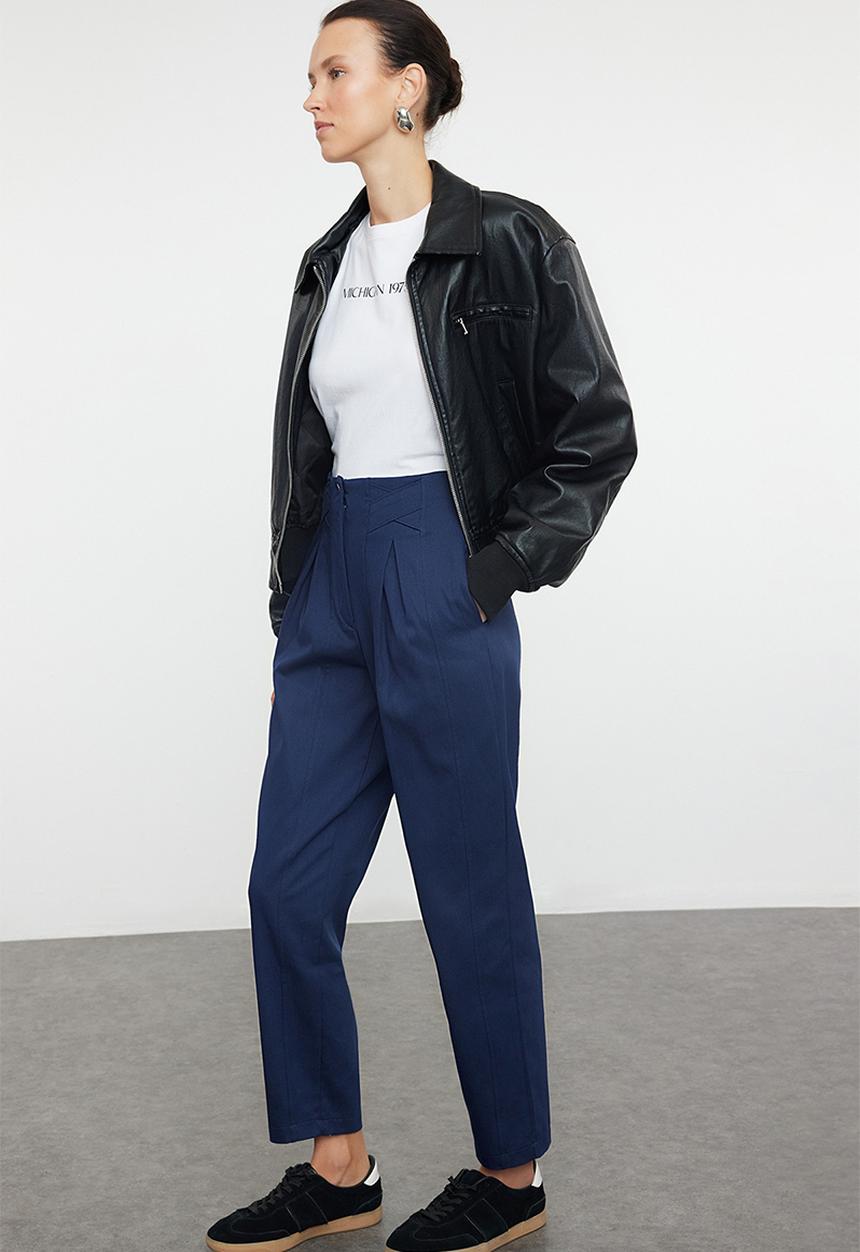 Trendyol - Cotton Carrot Pattern Stripe Detail Woven Trousers - Navy Blue 