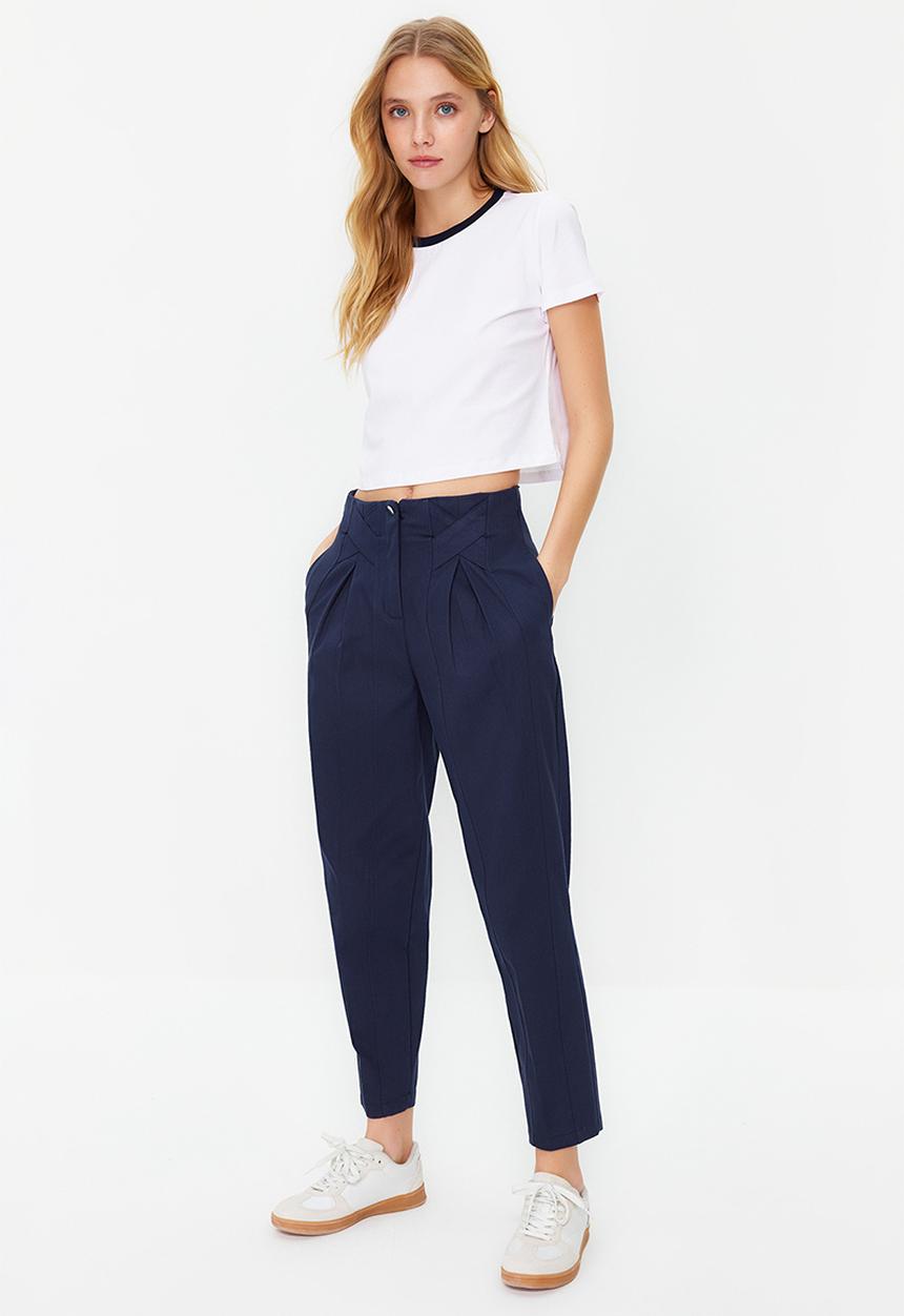 Trendyol - Cotton Carrot Pattern Stripe Detail Woven Trousers - Navy Blue 