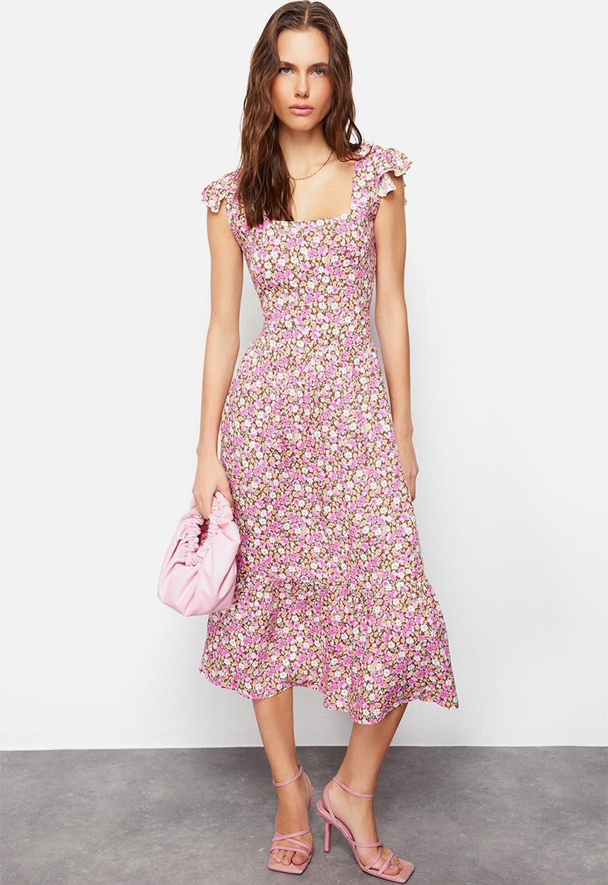 Trendyol - Floral Print Square Collar A-line Viscose Midi Woven Dress - Lilac 