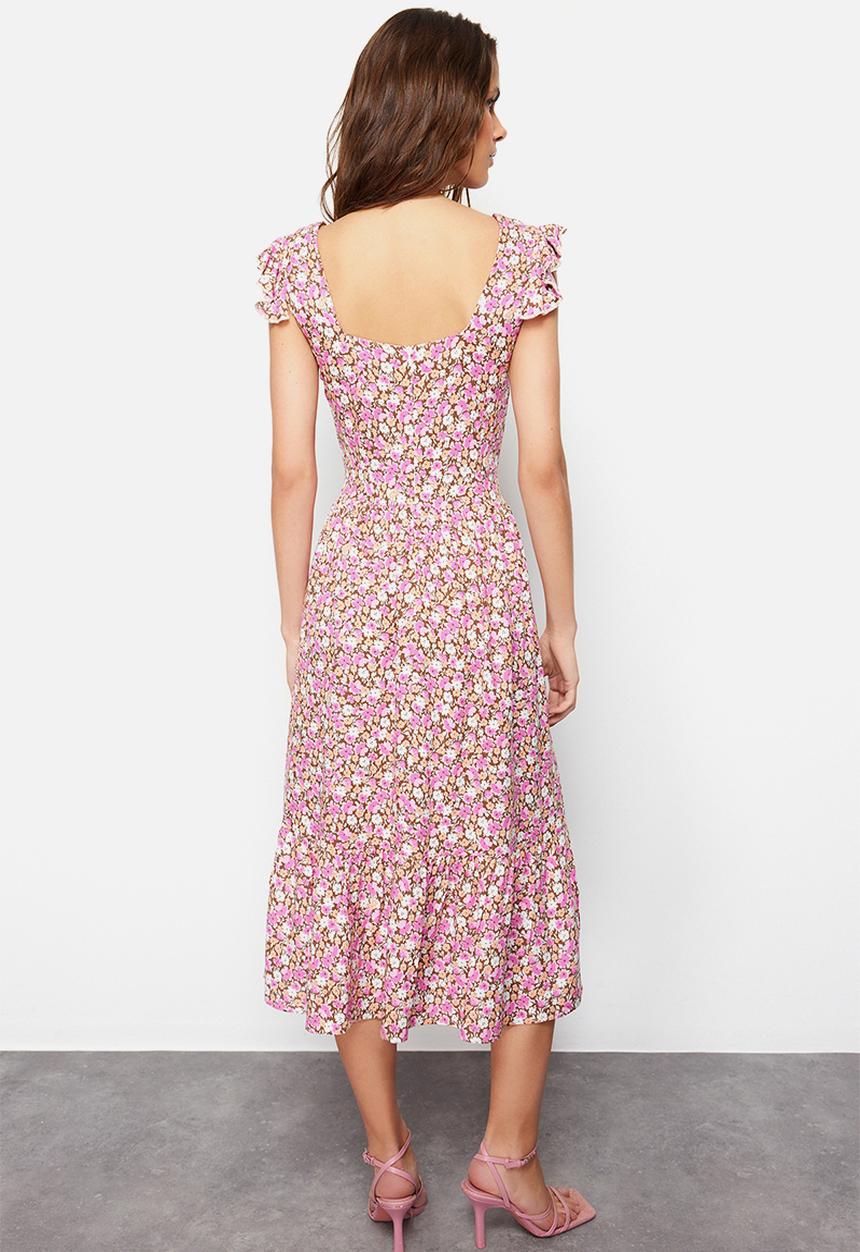 Trendyol - Floral Print Square Collar A-line Viscose Midi Woven Dress - Lilac 