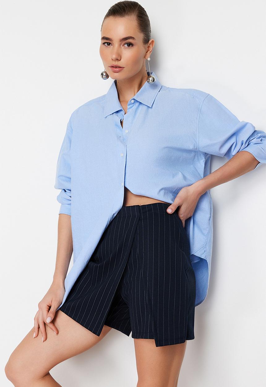 Trendyol - Striped Mini High Waist Knitted Shorts Skirt - Navy Blue 