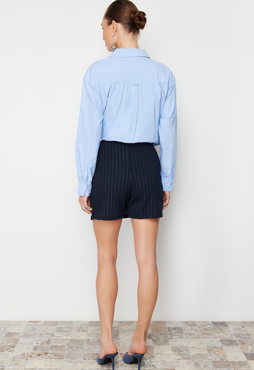 Trendyol - Striped Mini High Waist Knitted Shorts Skirt - Navy Blue 
