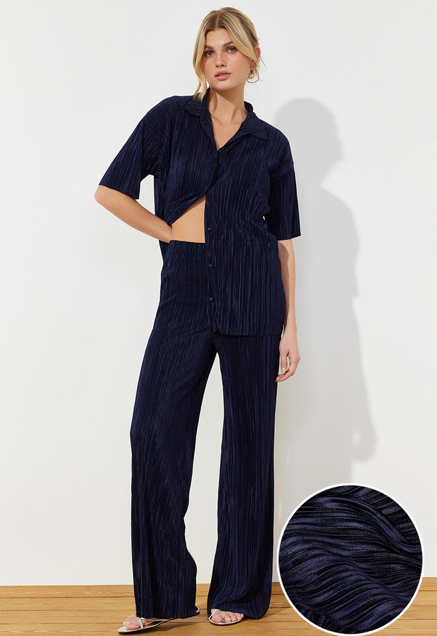 Trendyol - Pleated Wide Cut Shirt and Trousers Knitted Bottom Top Set - Navy Blue