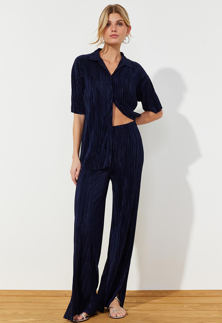 Trendyol - Pleated Wide Cut Shirt and Trousers Knitted Bottom Top Set - Navy Blue