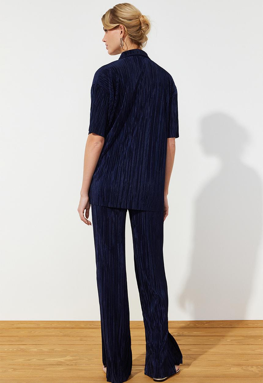 Trendyol - Pleated Wide Cut Shirt and Trousers Knitted Bottom Top Set - Navy Blue