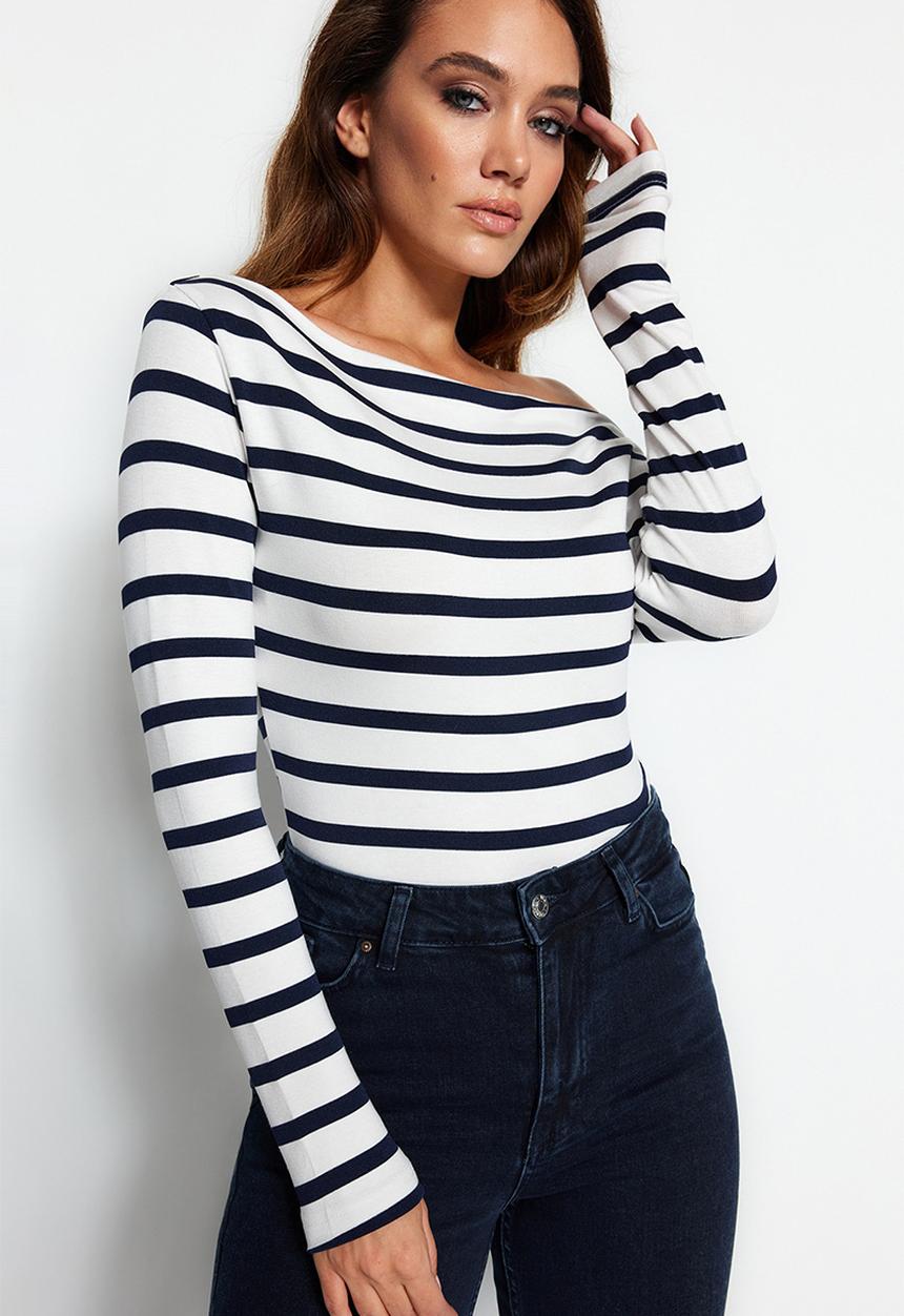 Trendyol - Striped premium soft fabric fitted/situated knitted blouse - navy blue