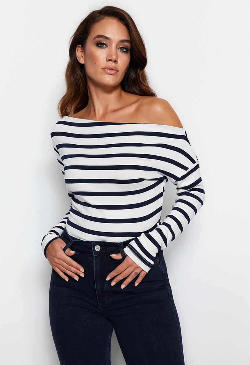 Trendyol - Striped premium soft fabric fitted/situated knitted blouse - navy blue