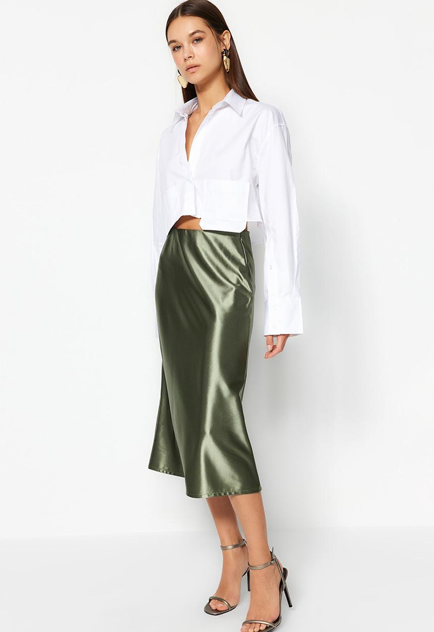 Trendyol - Premium satin a-line/awning formal midi knit skirt - green