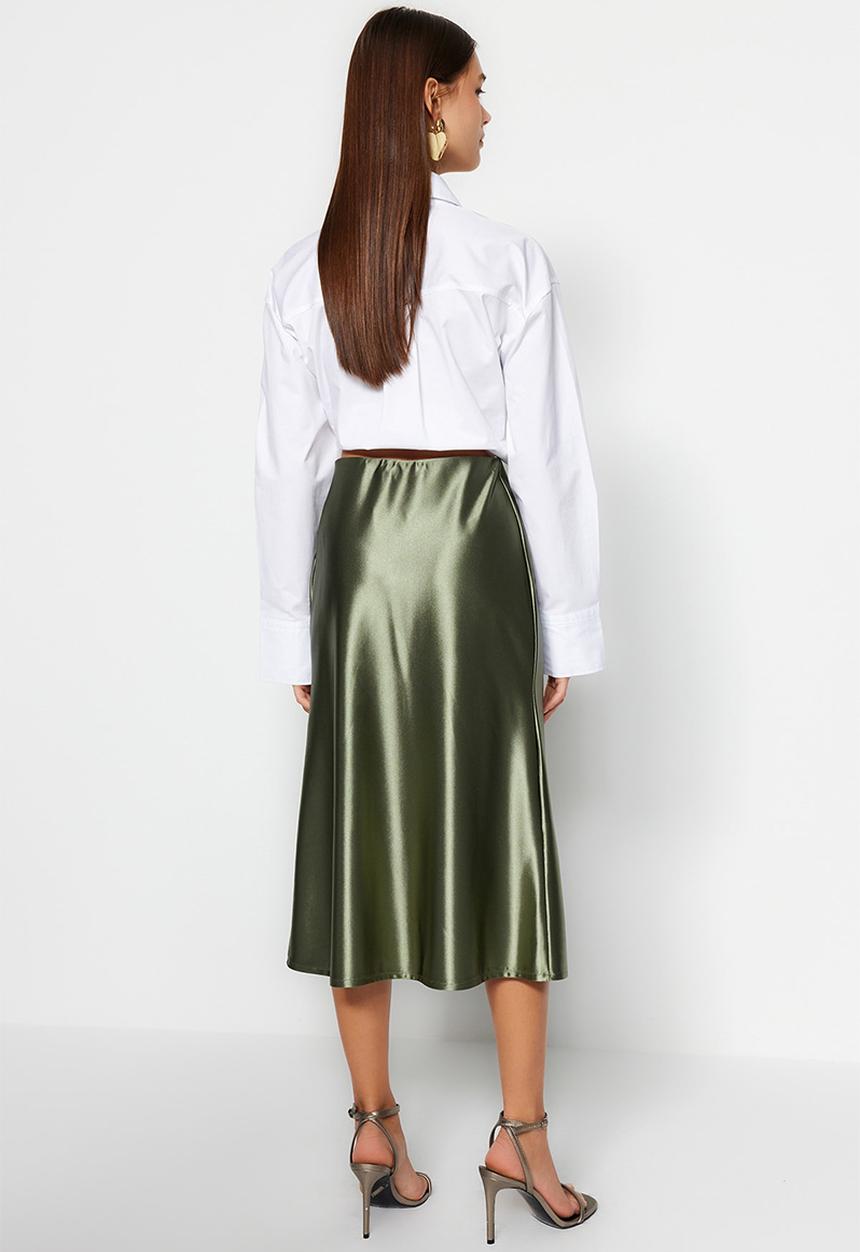 Trendyol - Premium satin a-line/awning formal midi knit skirt - green