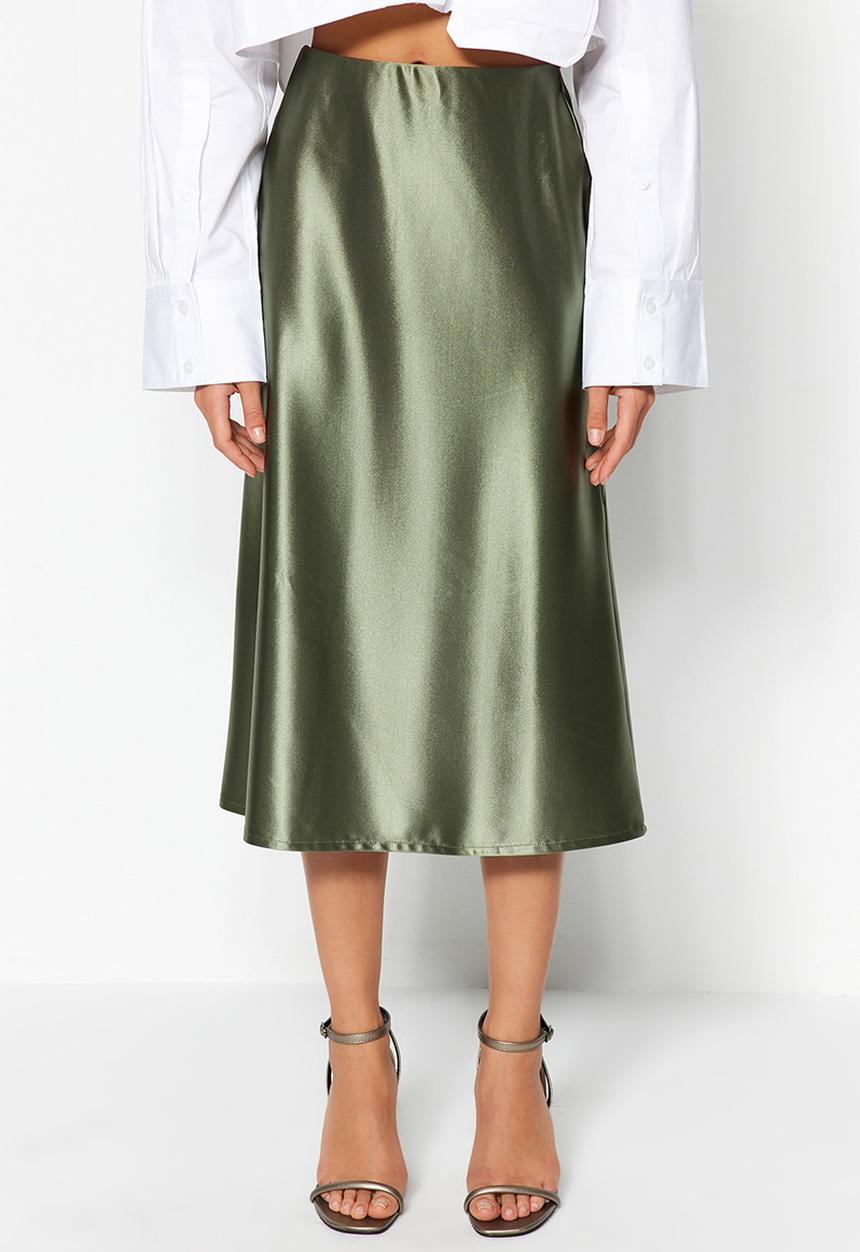 Trendyol - Premium satin a-line/awning formal midi knit skirt - green