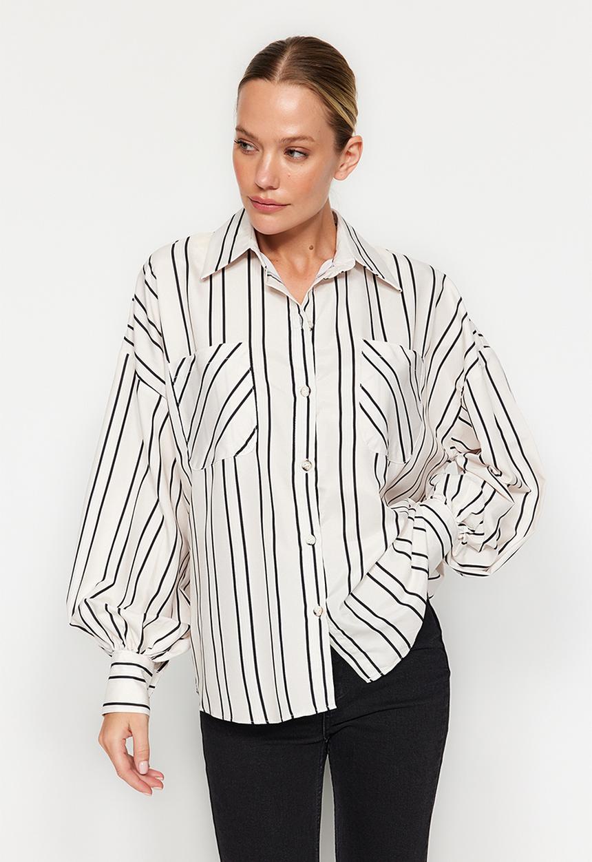 Trendyol - Striped oversize wide fit satin woven shirt - ecru